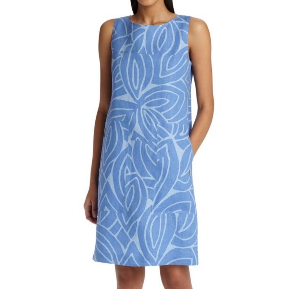 NEW Lafayette 148 New York Farah Sleeveless Linen Dress Bluebird Multi